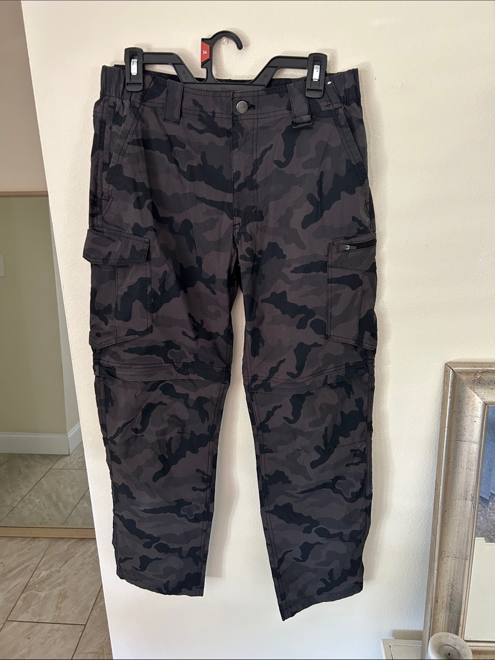 CQR Y2K gray, black camo, utility cargo convertible, outdoor hiking pants 30”